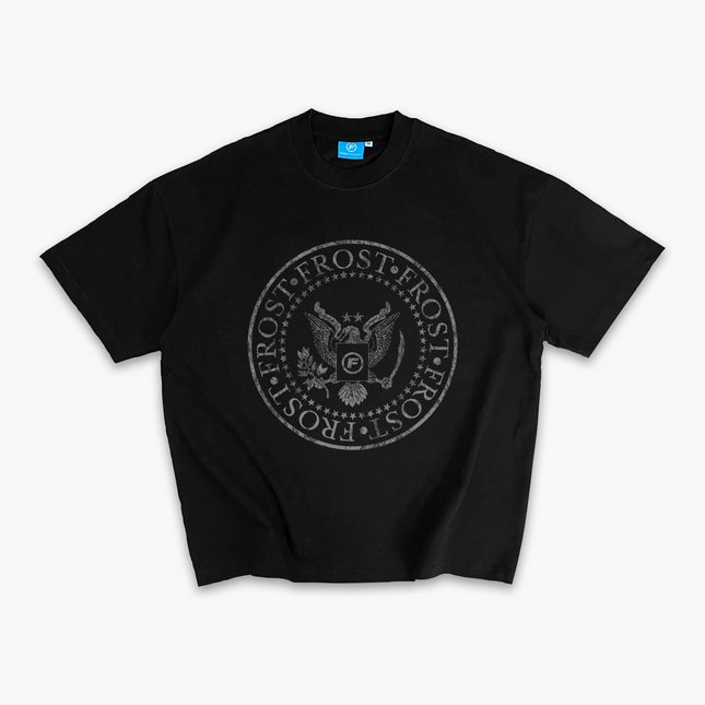 Black oversized boxy fit t-shirt named 'Establishment Tee' featuring a vintage-inspired Ramones-style graphic print on the front. Made from 100% cotton, 300GSM heavyweight fabric, designed to replicate classic band tee aesthetics