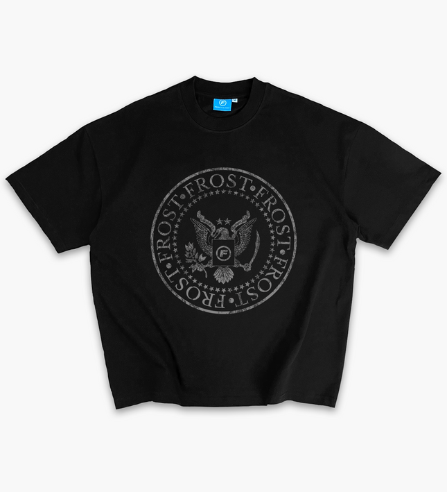 Black oversized boxy fit t-shirt named 'Establishment Tee' featuring a vintage-inspired Ramones-style graphic print on the front. Made from 100% cotton, 300GSM heavyweight fabric, designed to replicate classic band tee aesthetics