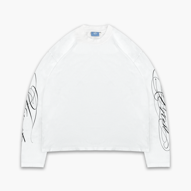 Frost Clothing Cursive Long Sleeve T-Shirt Chalk White | 240GSM Boxy Oversized Fit Sleeve Print | UK Streetwear