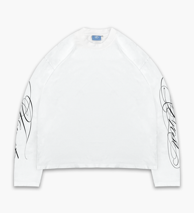 Frost Clothing Cursive Long Sleeve T-Shirt Chalk White | 240GSM Boxy Oversized Fit Sleeve Print | UK Streetwear
