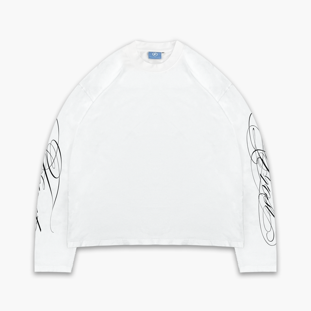 Frost Clothing Cursive Long Sleeve T-Shirt Chalk White | 240GSM Boxy Oversized Fit Sleeve Print | UK Streetwear