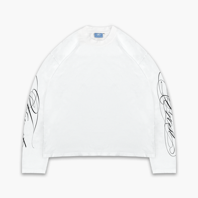 Frost Clothing Cursive Long Sleeve T-Shirt Chalk White | 240GSM Boxy Oversized Fit Sleeve Print | UK Streetwear