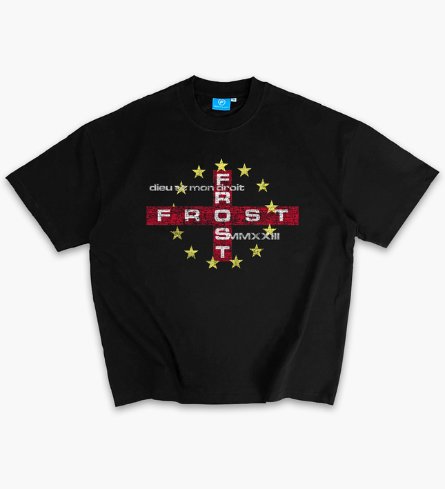 Heavyweight 100% Cotton Boxy Oversized Luxury England Black T-Shirt — St George's Cross Distressed Graphic Tee with FROST Clothing MMXXIII Design | England Football World Cup 2026