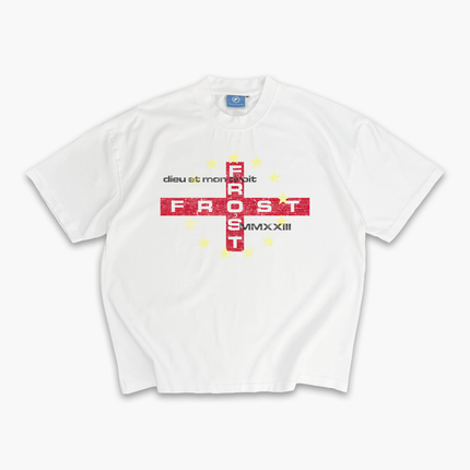 Heavyweight 100% Cotton Boxy Oversized Luxury England White T-Shirt — St George's Cross Distressed Graphic Tee with FROST Clothing MMXXIII Design | England Football World Cup 2026