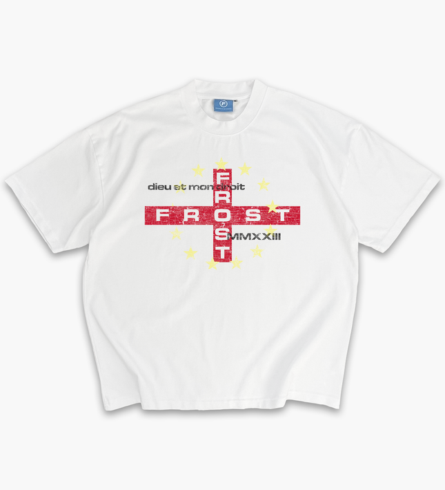 Heavyweight 100% Cotton Boxy Oversized Luxury England White T-Shirt — St George's Cross Distressed Graphic Tee with FROST Clothing MMXXIII Design | England Football World Cup 2026