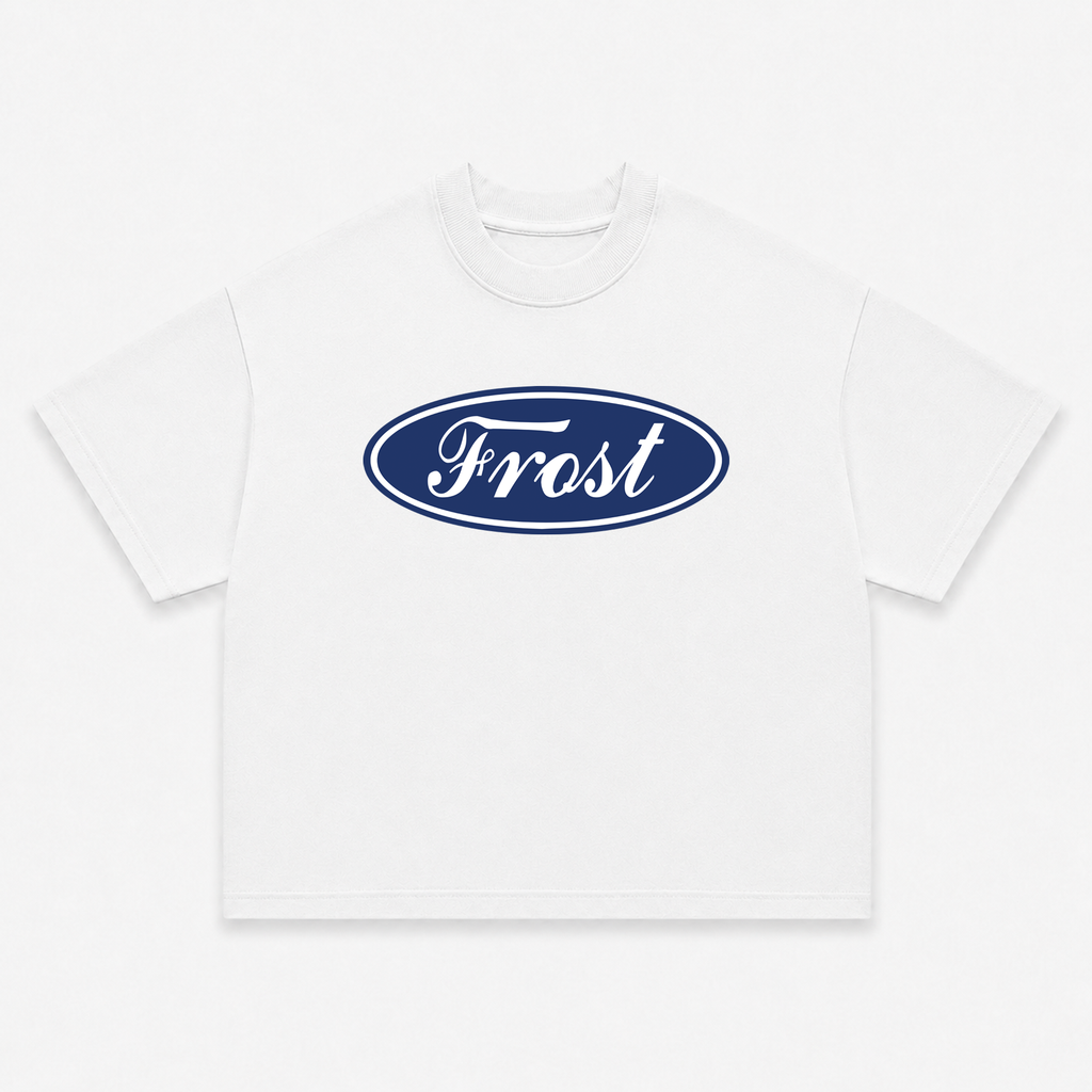 Frost Clothing Emblem Graphic T-Shirt Chalk White | Ford Logo Inspired 305GSM Heavyweight Boxy Fit | UK Streetwear