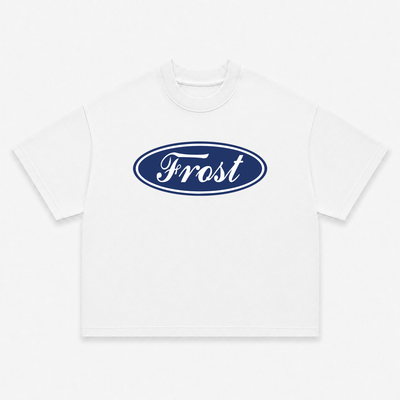 Frost Clothing Emblem Graphic T-Shirt Chalk White | Ford Logo Inspired 305GSM Heavyweight Boxy Fit | UK Streetwear
