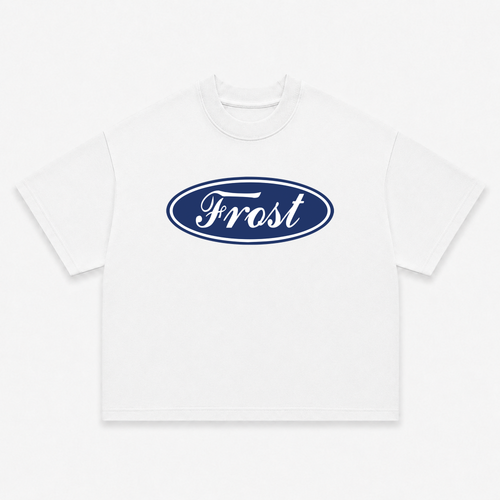 Frost Clothing Emblem Graphic T-Shirt Chalk White | Ford Logo Inspired 305GSM Heavyweight Boxy Fit | UK Streetwear