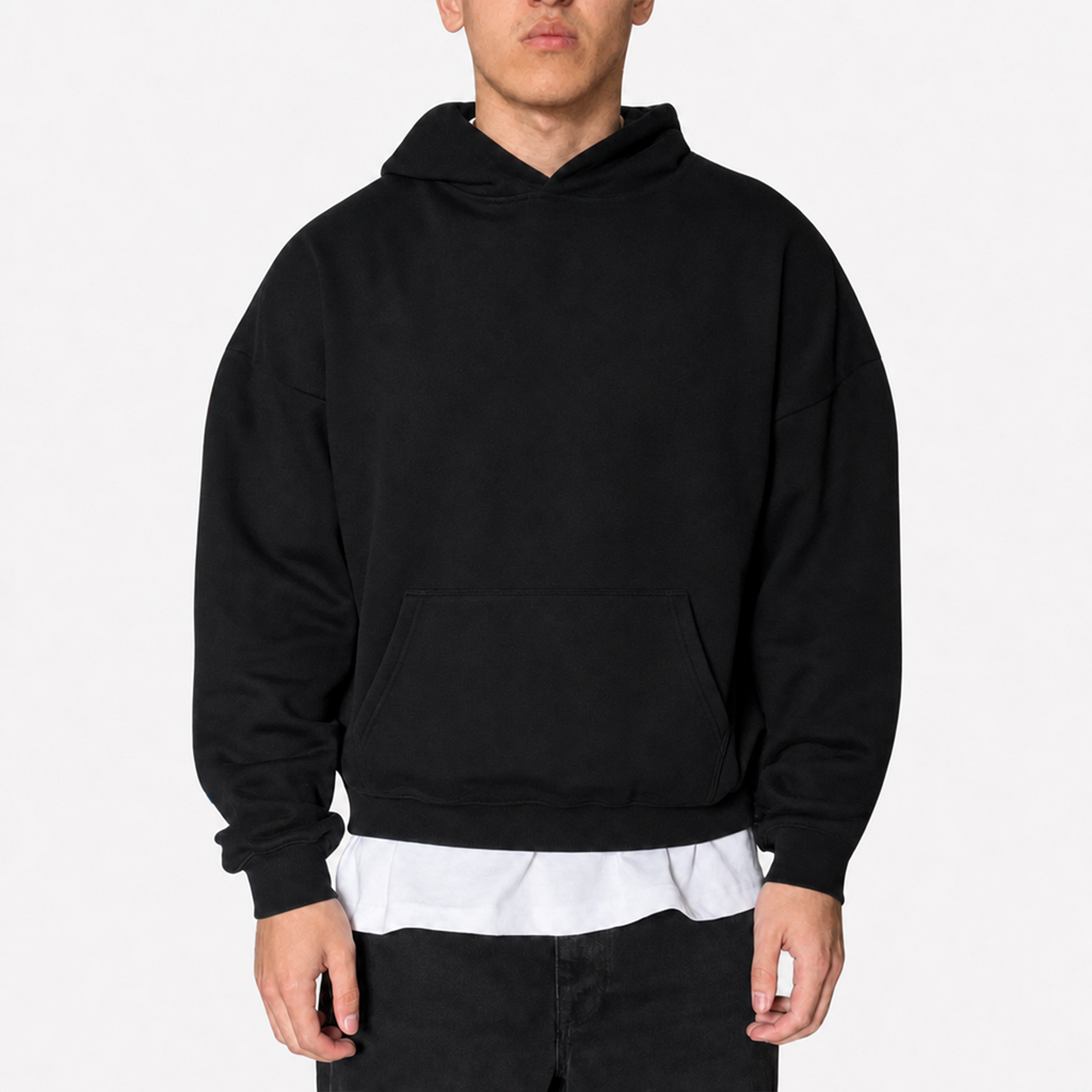 Frost Clothing Blank Heavyweight Hoodie Jet Black | 500GSM Boxy Oversized Pullover | UK Streetwear