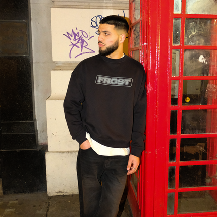 Frost Clothing Box Logo Sweatshirt Jet Black | 520GSM Ultra Heavyweight Boxy Oversized Fit | Screen Printed UK Streetwear