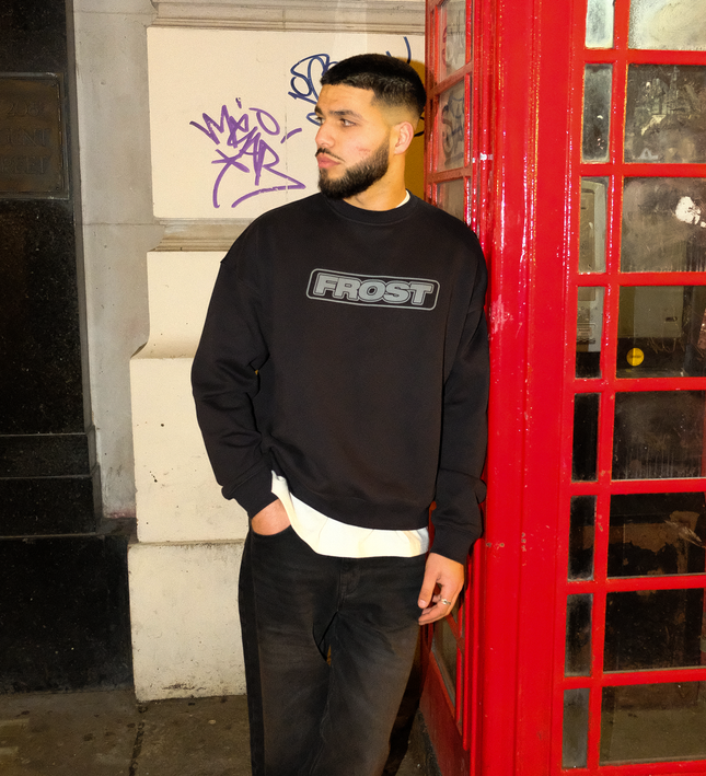 Frost Clothing Box Logo Sweatshirt Jet Black | 520GSM Ultra Heavyweight Boxy Oversized Fit | Screen Printed UK Streetwear