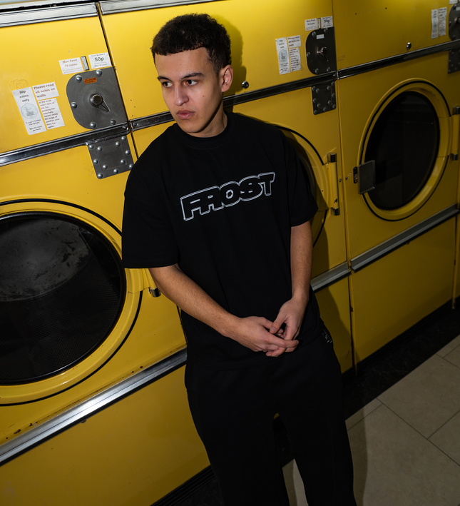 Frost Clothing Chrome Logo T-Shirt Jet Black | 305GSM Heavyweight Boxy Fit | Metallic Graphic UK Streetwear