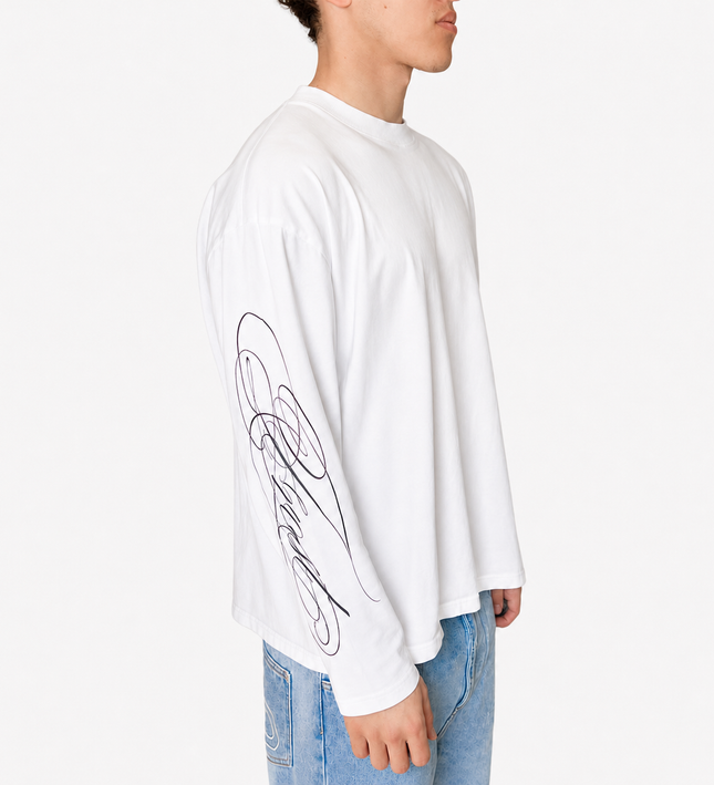 Frost Clothing Cursive Long Sleeve T-Shirt Chalk White | 240GSM Boxy Oversized Fit Sleeve Print | UK 