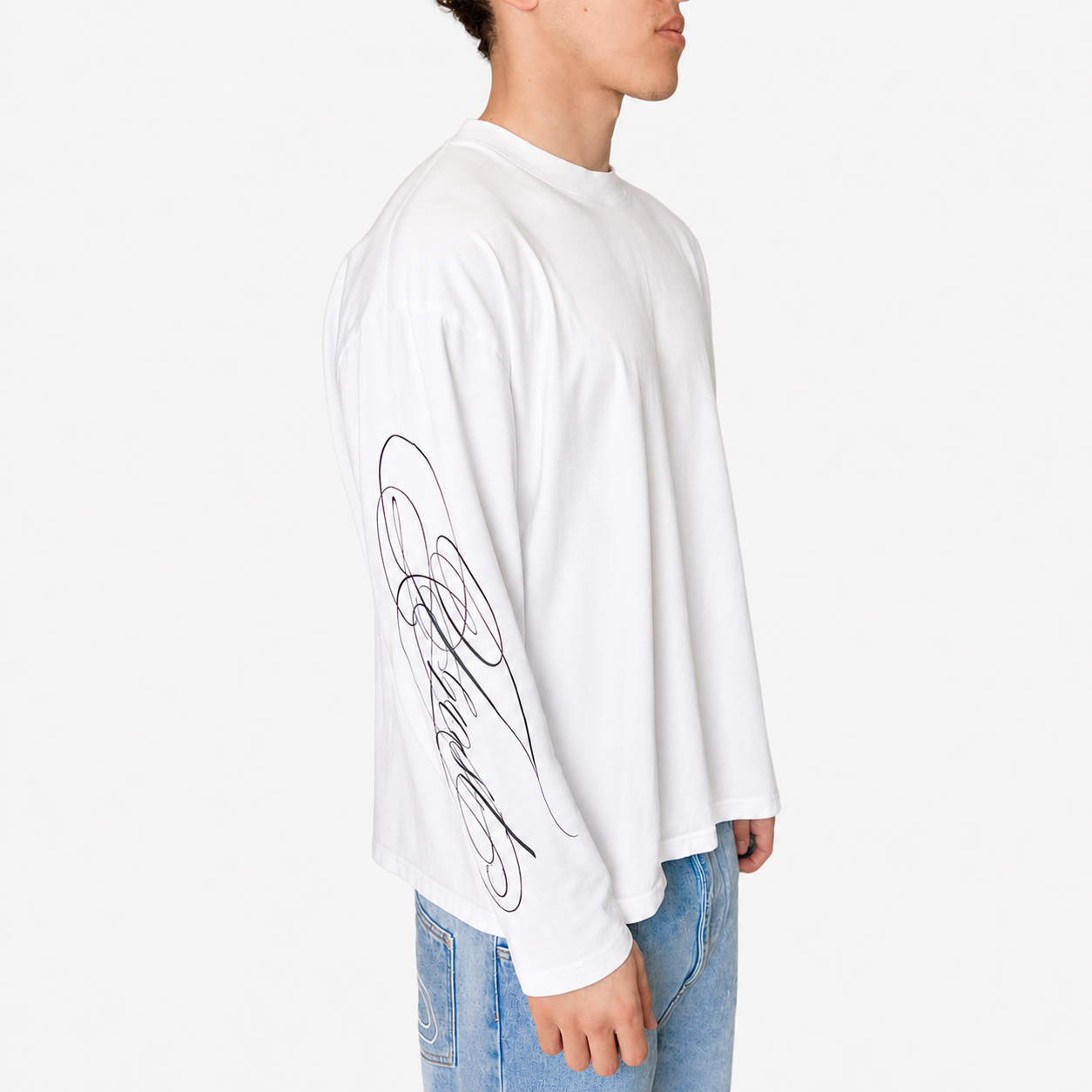Frost Clothing Cursive Long Sleeve T-Shirt Chalk White | 240GSM Boxy Oversized Fit Sleeve Print | UK 