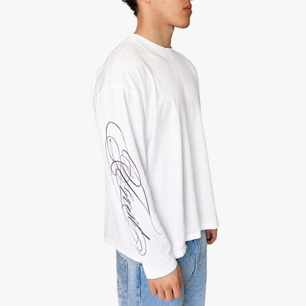 Frost Clothing Cursive Long Sleeve T-Shirt Chalk White | 240GSM Boxy Oversized Fit Sleeve Print | UK Streetwear