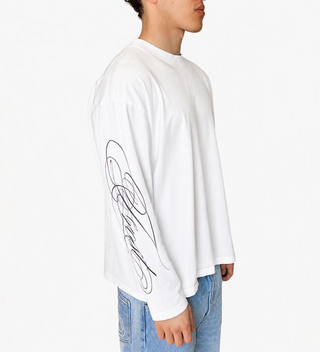Frost Clothing Cursive Long Sleeve T-Shirt Chalk White | 240GSM Boxy Oversized Fit Sleeve Print | UK Streetwear