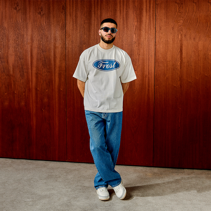 Frost Clothing Emblem Graphic T-Shirt Chalk White | Ford Logo Inspired 305GSM Heavyweight Boxy Fit | UK Streetwear
