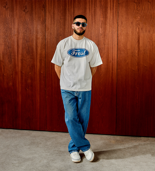 Frost Clothing Emblem Graphic T-Shirt Chalk White | Ford Logo Inspired 305GSM Heavyweight Boxy Fit | UK Streetwear