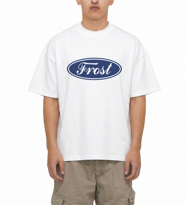 Frost Clothing Emblem Graphic T-Shirt Chalk White | Ford Logo Inspired 305GSM Heavyweight Boxy Fit | UK Streetwear