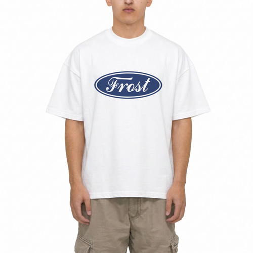 Frost Clothing Emblem Graphic T-Shirt Chalk White | Ford Logo Inspired 305GSM Heavyweight Boxy Fit | UK Streetwear