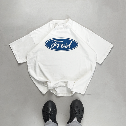 Frost Clothing Emblem Graphic T-Shirt Chalk White | Ford Logo Inspired 305GSM Heavyweight Boxy Fit | UK Streetwear