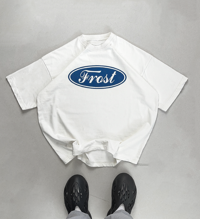 Frost Clothing Emblem Graphic T-Shirt Chalk White | Ford Logo Inspired 305GSM Heavyweight Boxy Fit | UK Streetwear