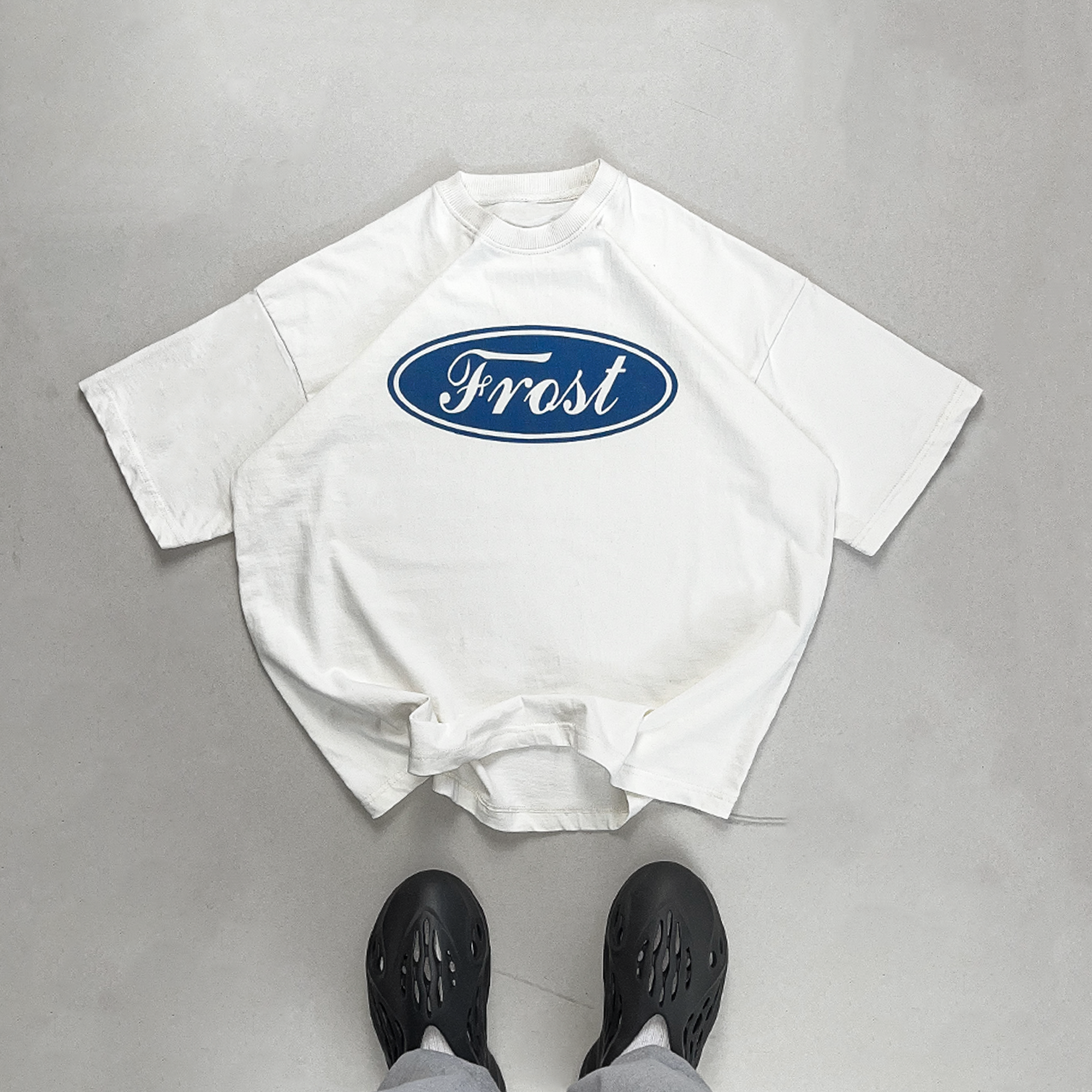 Frost Clothing Emblem Graphic T-Shirt Chalk White | Ford Logo Inspired 305GSM Heavyweight Boxy Fit | UK Streetwear