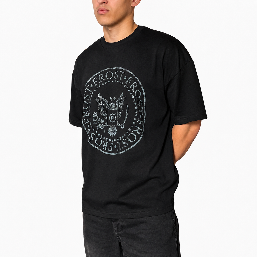 Frost Clothing Establishment Graphic T-Shirt Jet Black | Ramones Inspired 305GSM Heavyweight Boxy Fit | UK Streetwear