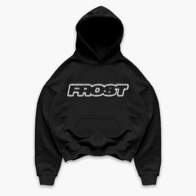 Frost Clothing Flame Logo Pullover Hoodie Jet Black | 500GSM Heavyweight Boxy Cropped Fit | Fire Graphic UK Streetwear