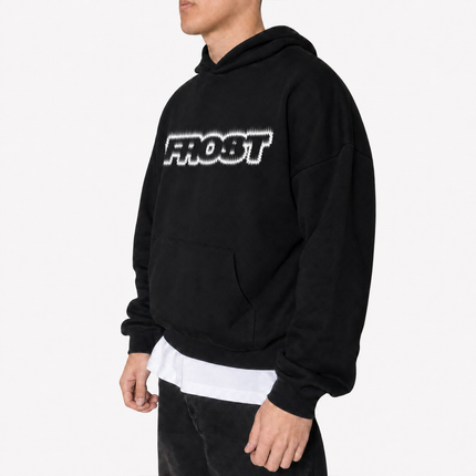 Frost Clothing Flame Logo Pullover Hoodie Jet Black | 500GSM Heavyweight Boxy Cropped Fit | Fire Graphic UK Streetwear