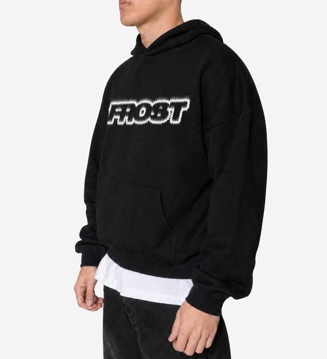 Frost Clothing Flame Logo Pullover Hoodie Jet Black | 500GSM Heavyweight Boxy Cropped Fit | Fire Graphic UK Streetwear
