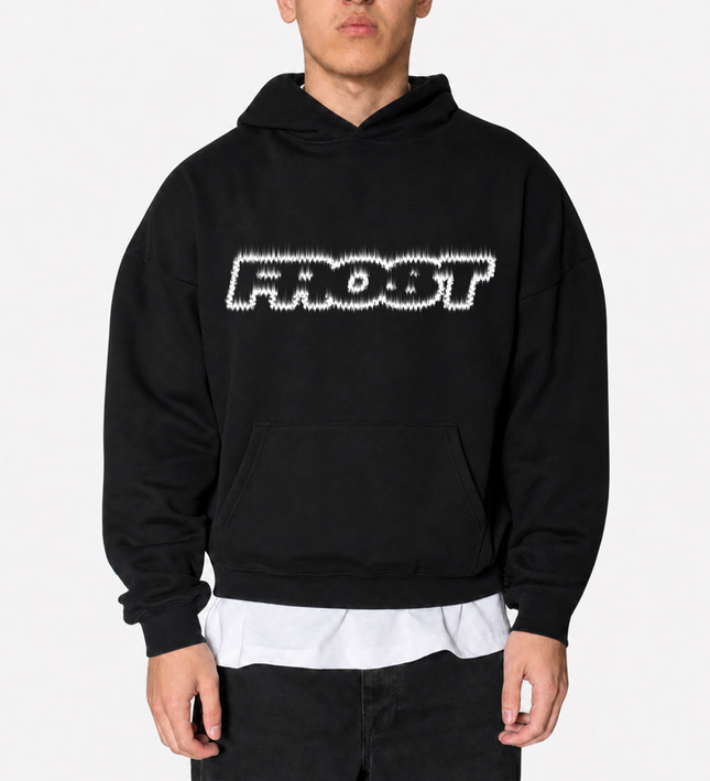 Frost Clothing Flame Logo Pullover Hoodie Jet Black | 500GSM Heavyweight Boxy Cropped Fit | Fire Graphic UK Streetwear