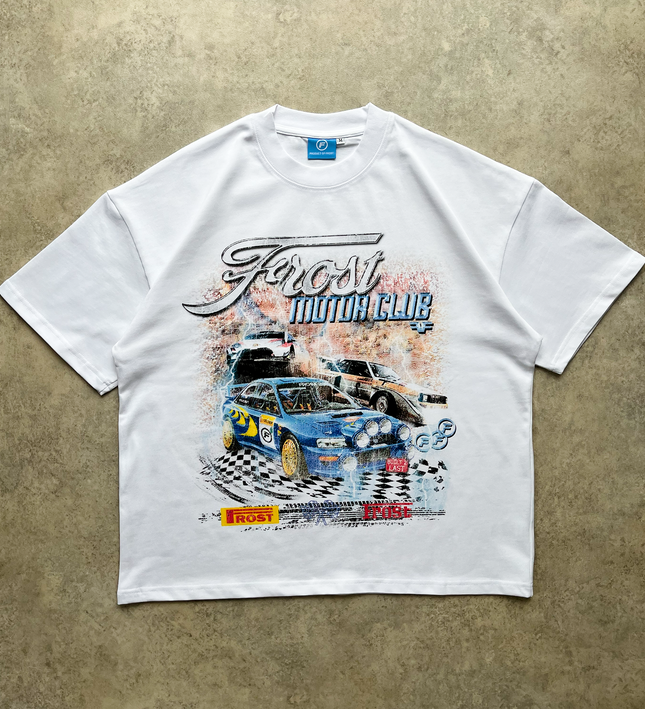 Frost Clothing Motor Club Rally Racing Graphic T-Shirt Chalk White | Subaru Impreza 305GSM Heavyweight Boxy Fit | UK Streetwear