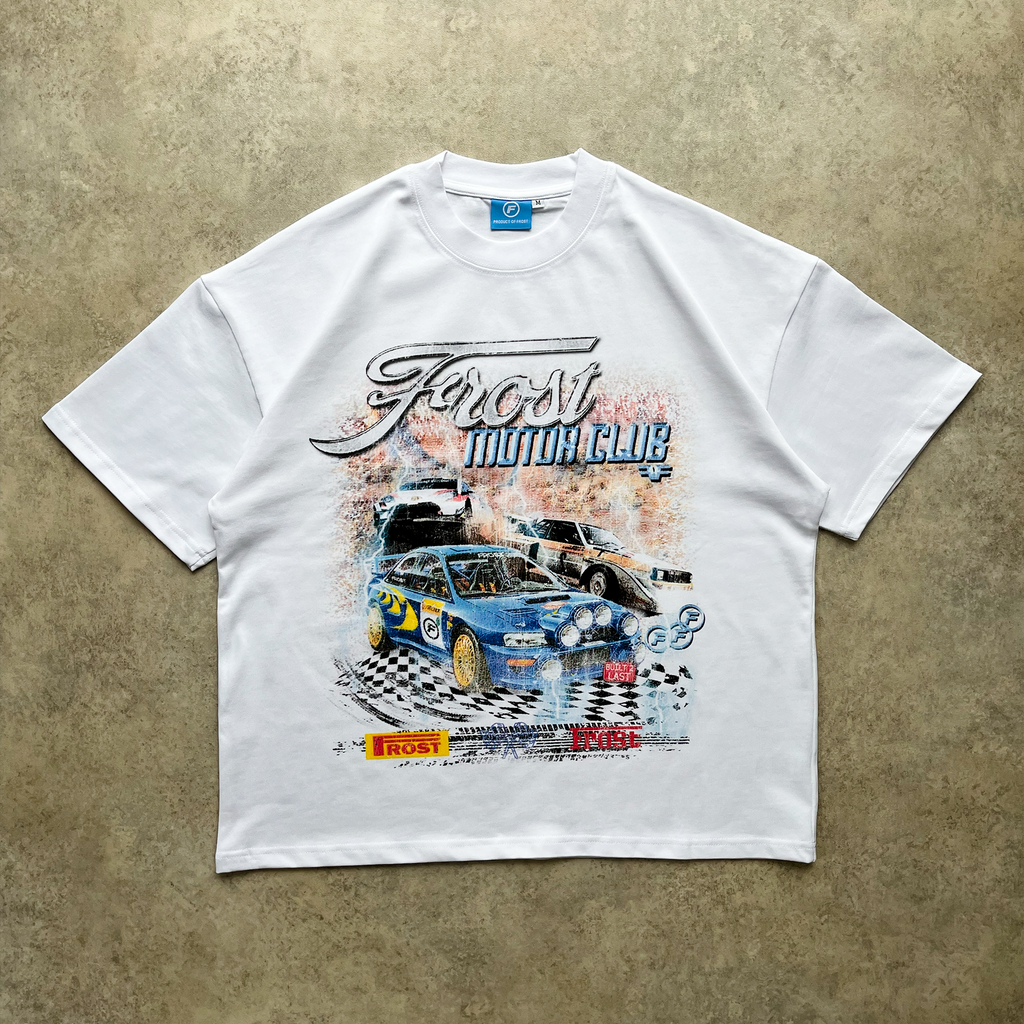 Frost Clothing Motor Club Rally Racing Graphic T-Shirt Chalk White | Subaru Impreza 305GSM Heavyweight Boxy Fit | UK Streetwear