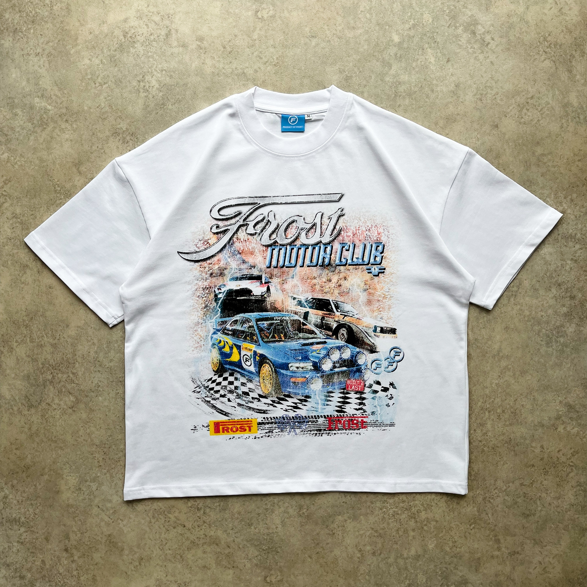 Frost Clothing Motor Club Rally Racing Graphic T-Shirt Chalk White | Subaru Impreza 305GSM Heavyweight Boxy Fit | UK Streetwear