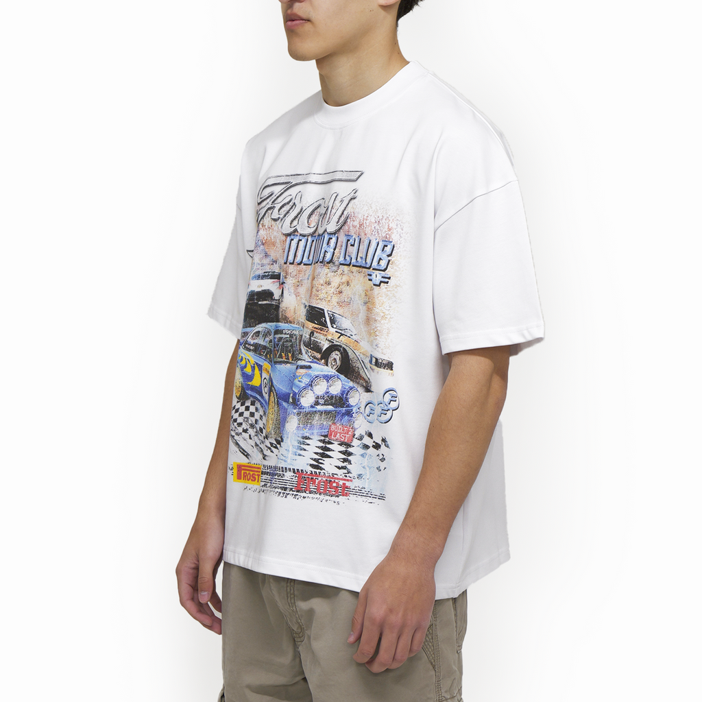 Frost Clothing Motor Club Rally Racing Graphic T-Shirt Chalk White | Subaru Impreza 305GSM Heavyweight Boxy Fit | UK Streetwear