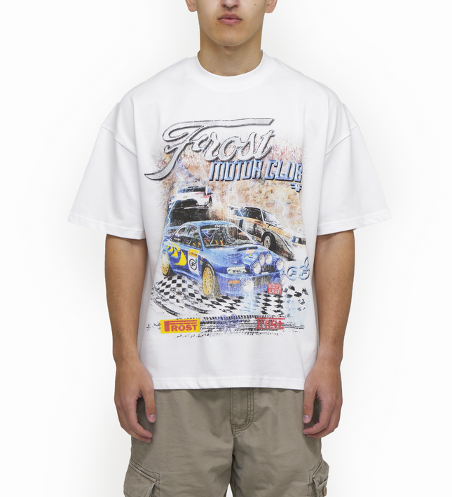 Frost Clothing Motor Club Rally Racing Graphic T-Shirt Chalk White | Subaru Impreza 305GSM Heavyweight Boxy Fit | UK Streetwear