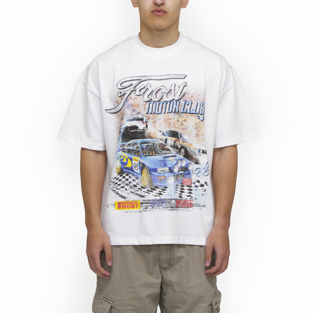 Frost Clothing Motor Club Rally Racing Graphic T-Shirt Chalk White | Subaru Impreza 305GSM Heavyweight Boxy Fit | UK Streetwear