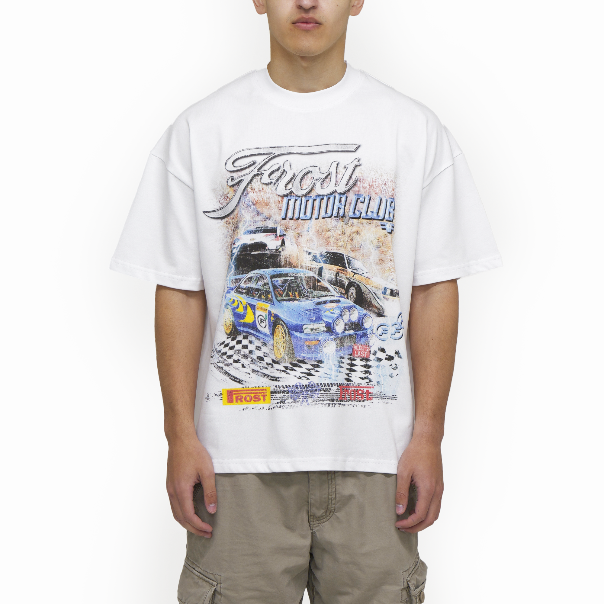Frost Clothing Motor Club Rally Racing Graphic T-Shirt Chalk White | Subaru Impreza 305GSM Heavyweight Boxy Fit | UK Streetwear