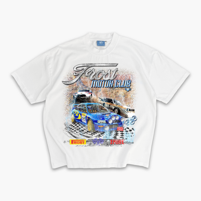 Frost Clothing Motor Club Rally Racing Graphic T-Shirt Chalk White | Subaru Impreza 305GSM Heavyweight Boxy Fit | UK Streetwear