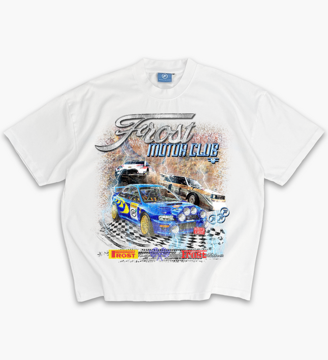 Frost Clothing Motor Club Rally Racing Graphic T-Shirt Chalk White | Subaru Impreza 305GSM Heavyweight Boxy Fit | UK Streetwear