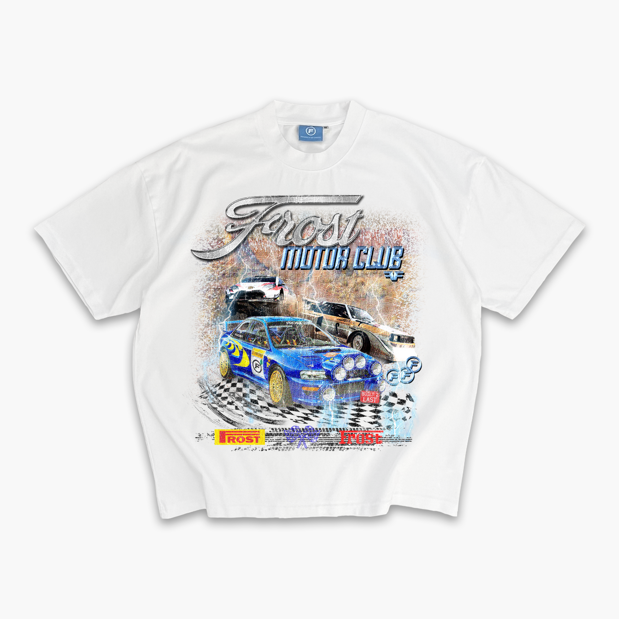 Frost Clothing Motor Club Rally Racing Graphic T-Shirt Chalk White | Subaru Impreza 305GSM Heavyweight Boxy Fit | UK Streetwear