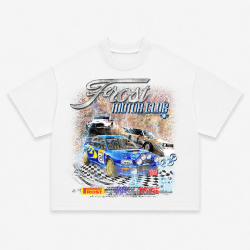 Frost Clothing Motor Club Rally Racing Graphic T-Shirt Chalk White | Subaru Impreza 305GSM Heavyweight Boxy Fit | UK Streetwear